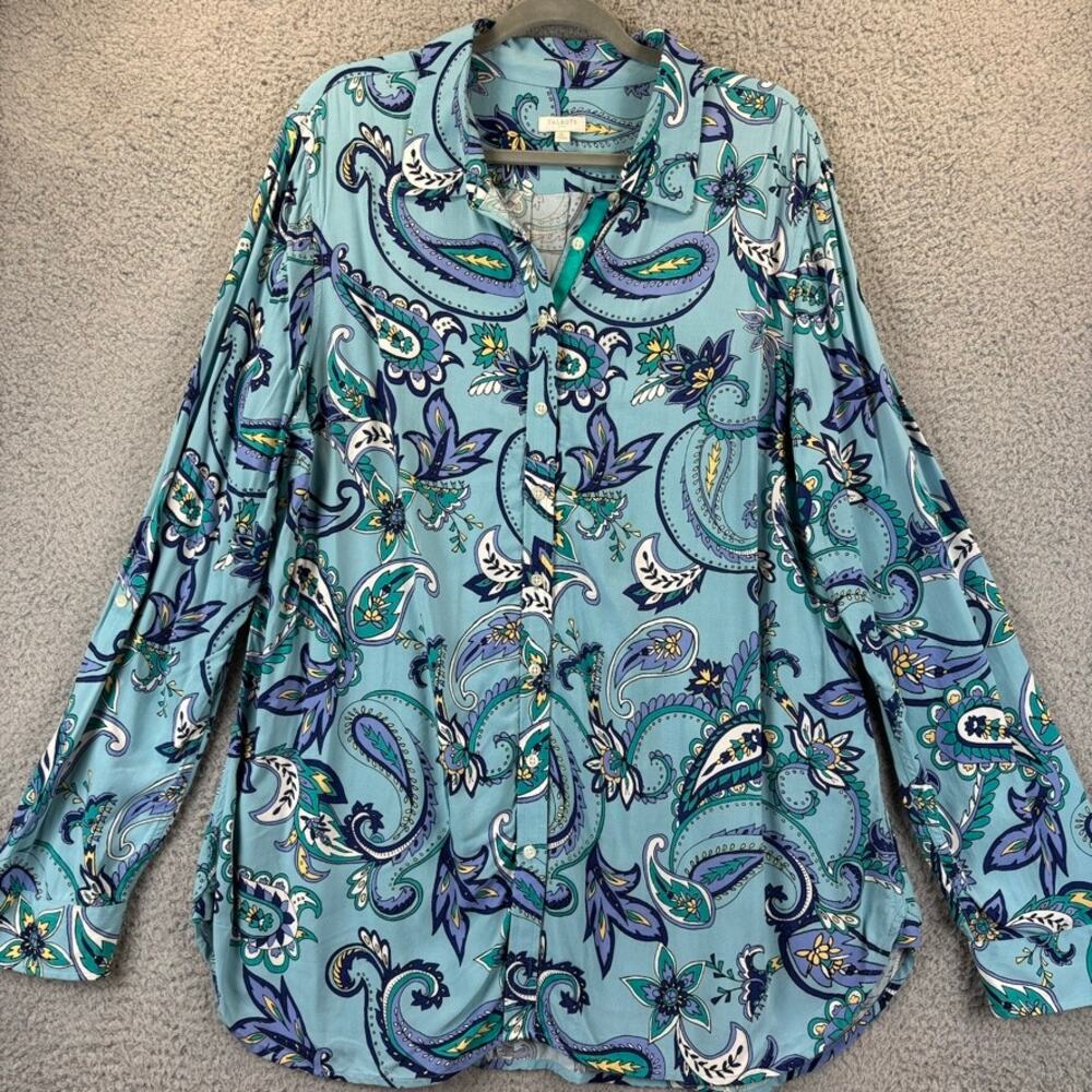 Talbots Blouse XL Blue Paisley Boho Preppy Floral Whimsical Colorful Roll Tab - Picture 2 of 10